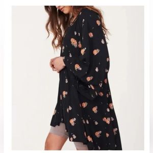 We The Free Black Floral Kimono Style Top with Orange Accents